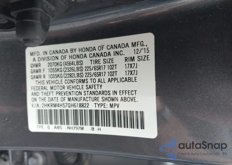 2016 Honda Cr-V Ex z USA, uszkodzony, nr VIN 2HKRM4H57GH618822